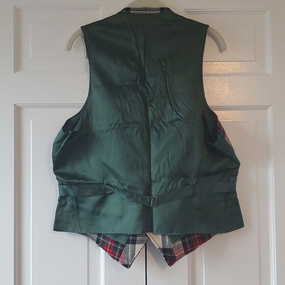 VINTAGE WOOL PLAID HOLIDAY VEST RED GREEN WHITE GOLD BUTTONS WOMEN'S L XL FLAWS - Picture 5 of 13